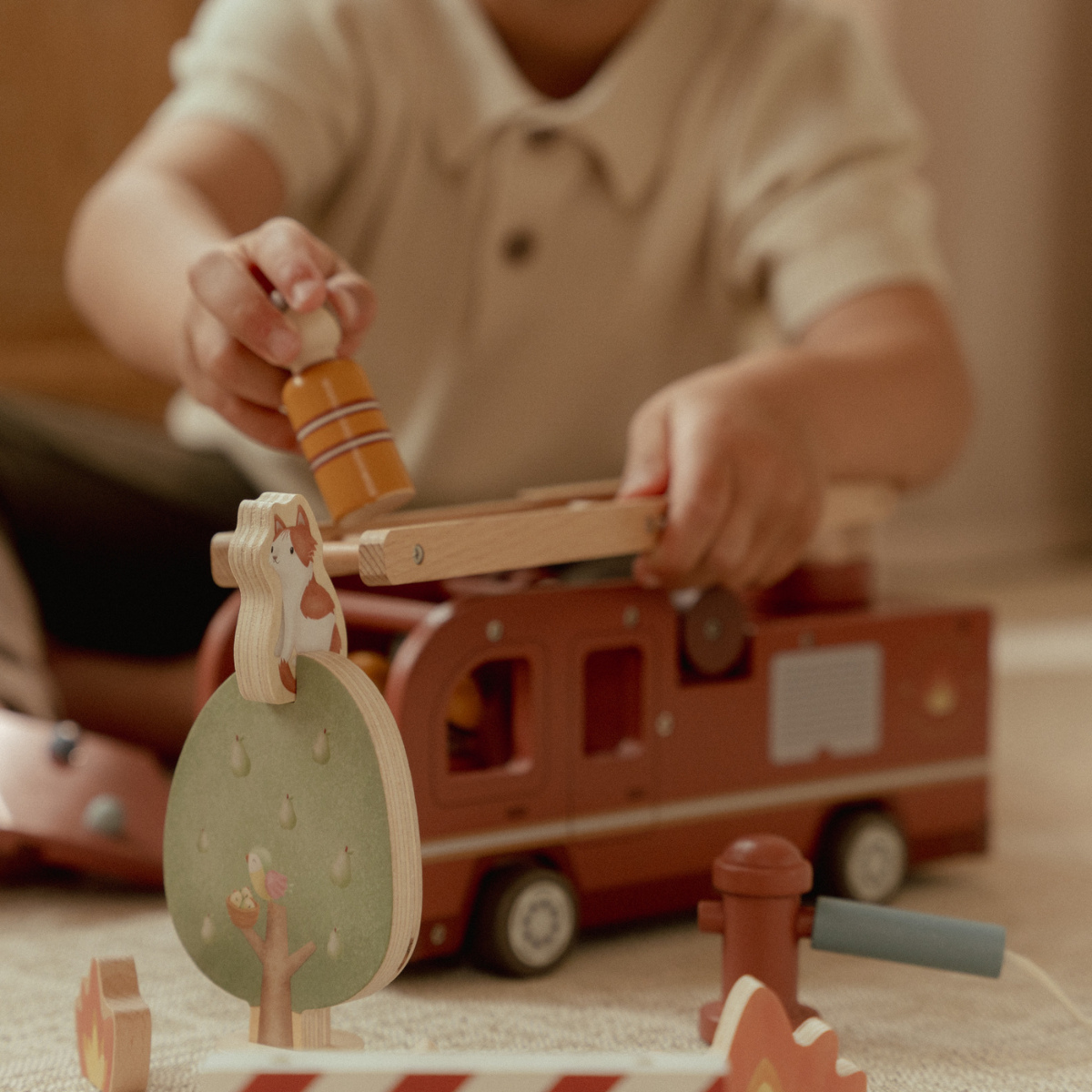 Houten brandweerwagen set